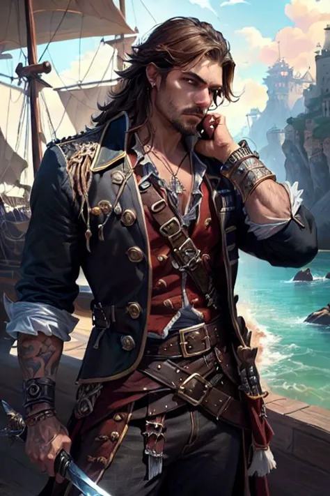 a man in a pirate outfit standing on a boat with a sword