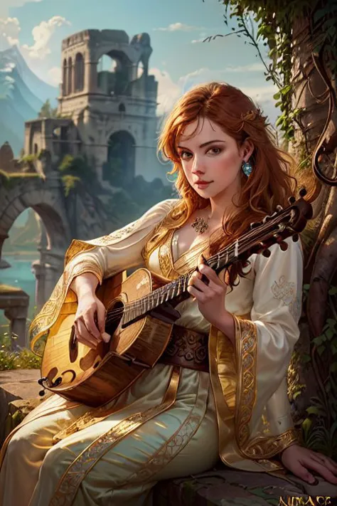 a woman in a dress playing a guitar in front of a castle