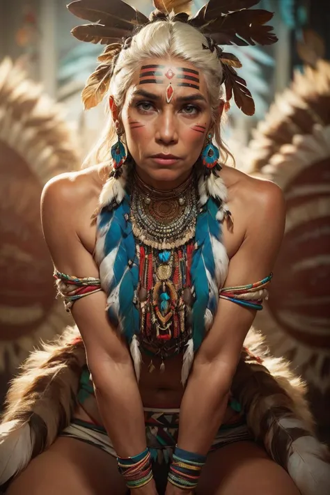 a woman in native clothing posing for a photo with feathers