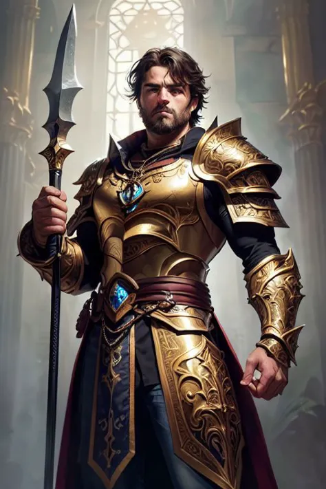 a man in armor holding a sword and a sword