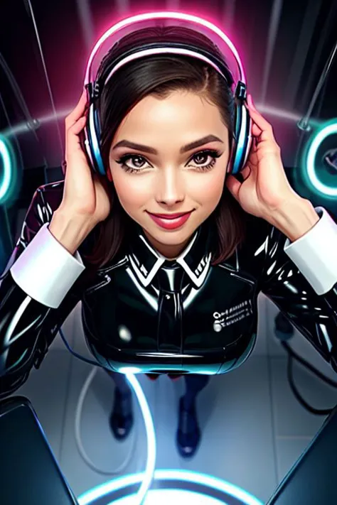 a close up of a person wearing headphones and a black jacket