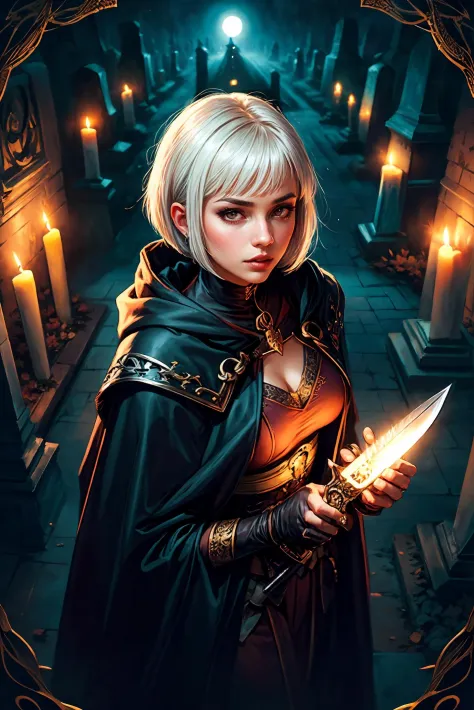 necromancer girl bobcut hair, white hair,  [orange | purple] eyes, elegant long laced [gold | black] cloak, medium breasts, ((holding dagger [bone| steel] )), in a cemetery, [creature | human] skulls, (illustration:1.1), (perfect details:1.1), landscape, background, abstract, fisheye lens, from above, rim lighting, candle light, (in night time:1.2) (8k) (best quality:1.4), (masterpiece:1.3), ultra-detailed  <lora:add_detail:1>   <lora:epi_noiseoffset2:1>