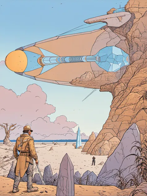 a man standing in front of a desert area with a spaceship in the background