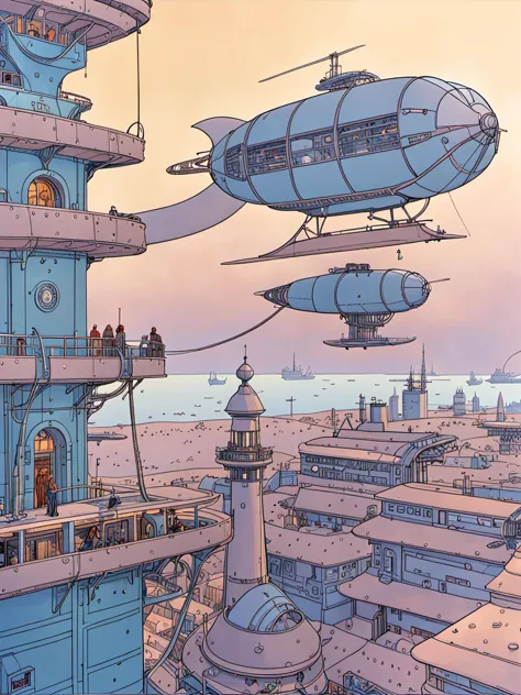 a cartoon picture of a city with a large tower and a large submarine