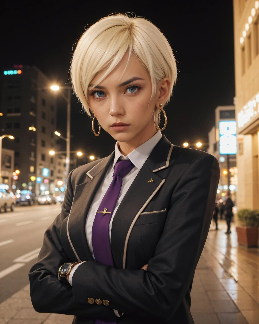 portrait of  Naje Berca, platinum blonde hair, short hair, azure eyes, medium breasts,  black suit, black gloves, purple neckwear, jewelry, earrings, stern look, serious face, crossed arms,
in the streets of (Dubai:1.3), middle east background,
4k, RAW, high detailed skin, 8k uhd,  soft lighting,
(masterpiece), (best quality:1.2), absurdres, (intricate details:0.2)