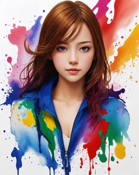 a woman with a colorful jacket and a rainbow paint splatter