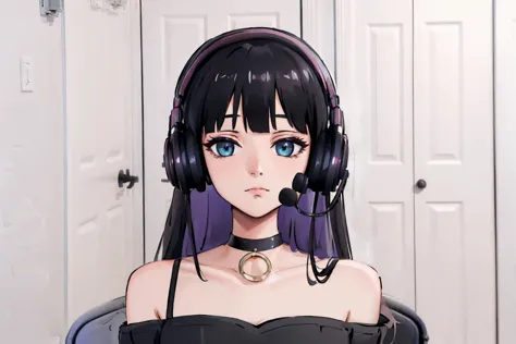 anime girl with headphones and a microphone in front of a door