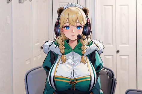 masterpiece, best quality, <lora:concept_sadlinus-17:1> sadlinus, headset, chair, indoors   <lora:frigga_lastorigin_v1:0.9> huge breasts, gigantic breasts, blonde hair, medium hair, blue eyes, bear ears, friggadef, side braids, hood, fur trim, maid headdress, frills, green apron, long sleeves, mechanical hands, side-tie panties, pelvic curtain