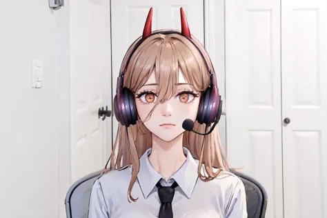 anime girl with headphones and a tie sitting in a chair