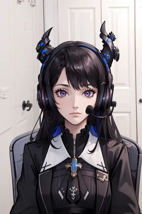 anime girl with headphones sitting in front of a computer