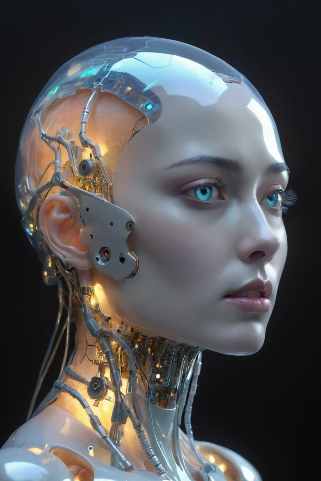 人形机器人的未来主义侧面肖像. 機器人的身體由半透明材質製成,内部结构清晰可见,包括电路板和发光元件. 机器人面部特征柔和，具有女性特征,包括长发和乳房. 机器人的头部和颈部结构复杂,有许多连接点和线,表明其精确的构造和可能的多功能性. 高科技和未来主义的生活理念,冰冷的机械之美,生物發光,光纖,杰作,辛烷渲染,虛幻引擎,