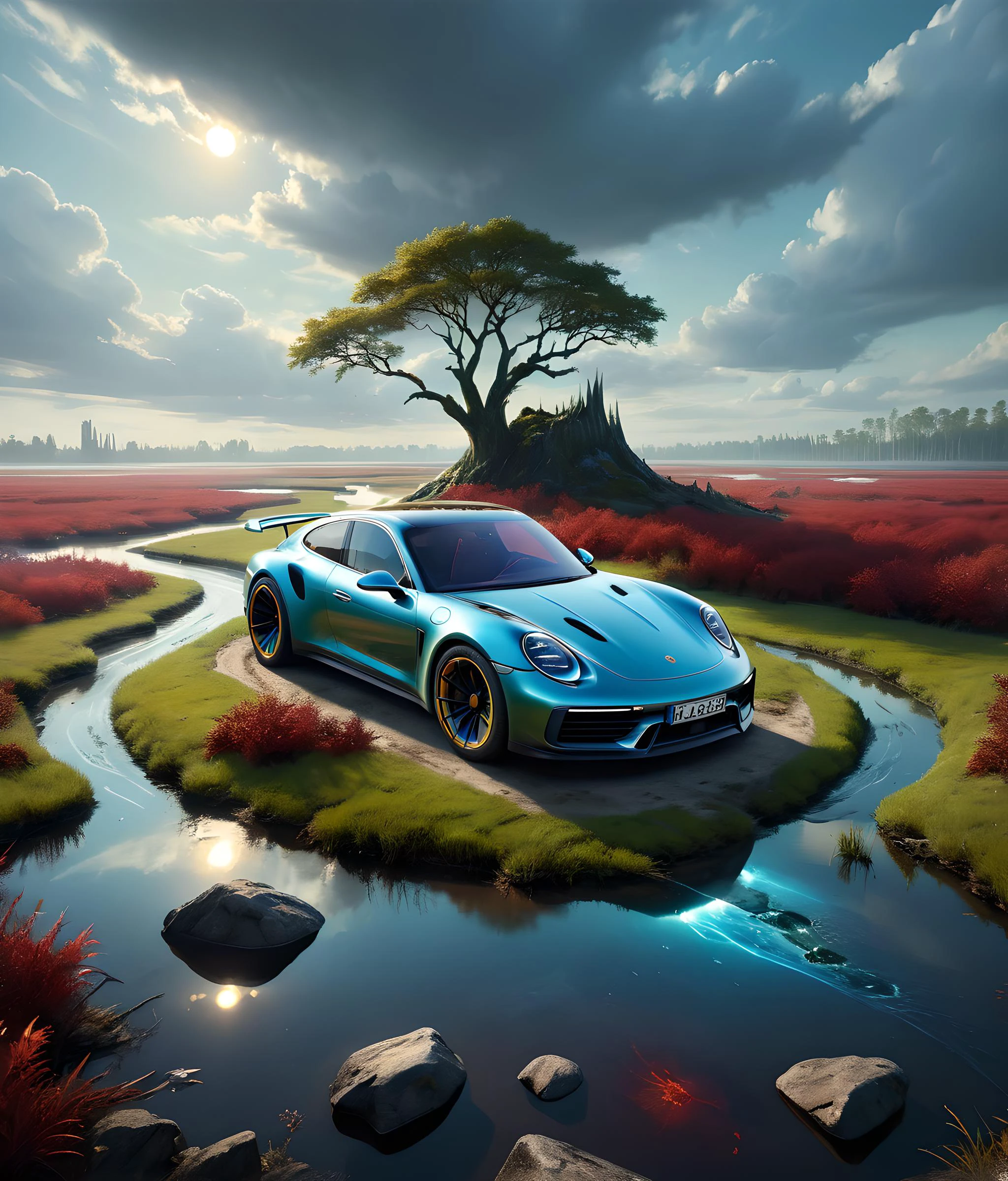 visually striking surreal 3d supernatural fantasy primeval marshland, porsche 911 taycan, saurus, a detailed painting, fantasy art, matte painting, deep rich colors, 