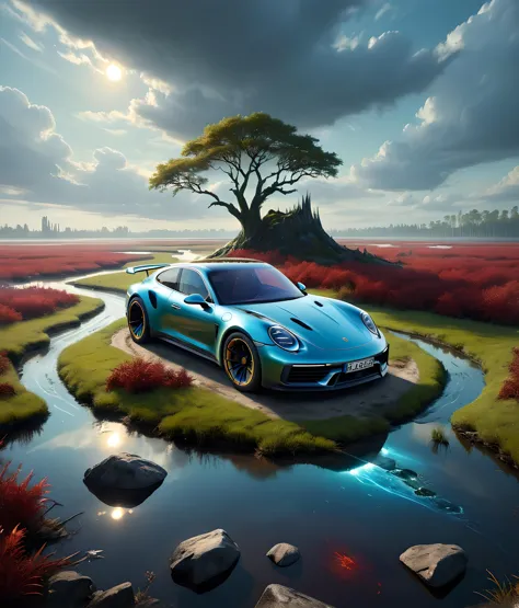 visually striking surreal 3d supernatural fantasy primeval marshland, porsche 911 taycan, saurus, a detailed painting, fantasy a...