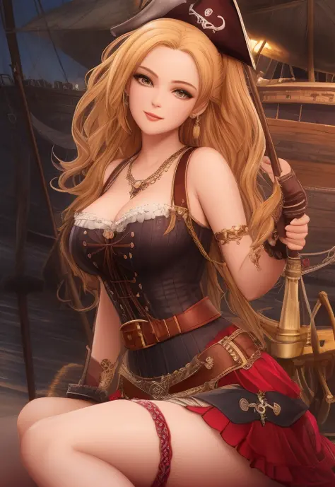 pinup, intricate digital painting, intense color, 3d, octane render, 1girl, pirate on ship, sitting, intricate dirndl, leather girdle with belts and buckles, white tubetop ruffles, pinup_body, black pirate hat, red flowing skirt, medium breasts, cleavage, ...
