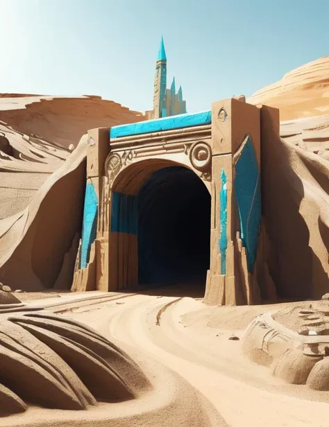 a close up of a sand castle with a blue roof