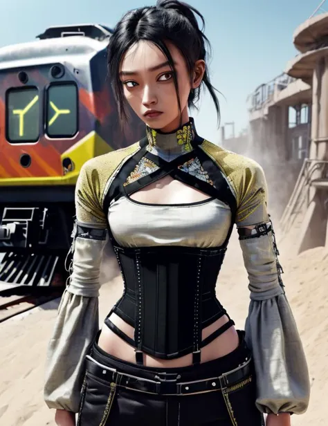 a close up of a woman in a corset standing in front of a train