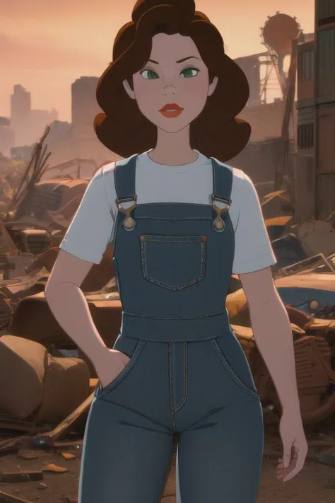 masterpiece, best quality, highres, anniehughes, green eyes, brown hair, red lips, junkyard, overalls, <lora:anniehughes:0.7>