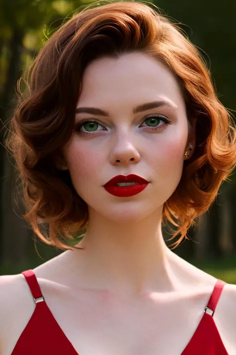 a close up of a woman with a red dress and red lipstick