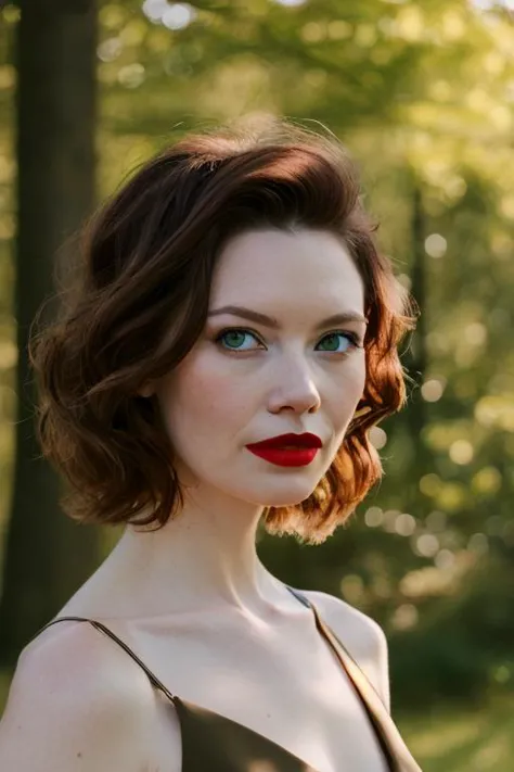 a woman with a red lipstick and a brown dress posing for a picture