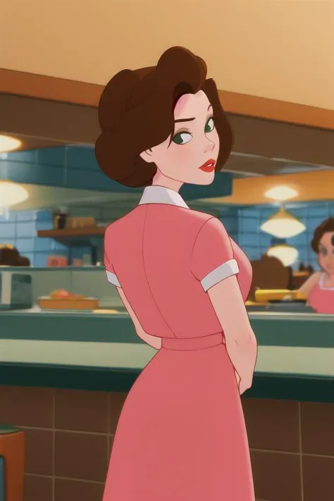 a woman in a pink dress standing in front of a counter