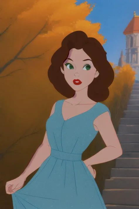 a woman in a blue dress standing on a set of stairs