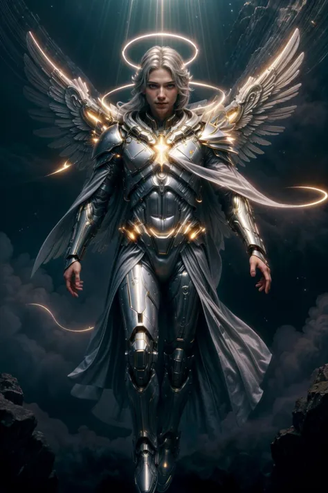 a woman in armor with wings and a halo above her head