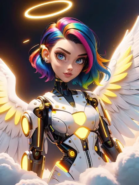 a woman with rainbow hair and a white suit with angel wings