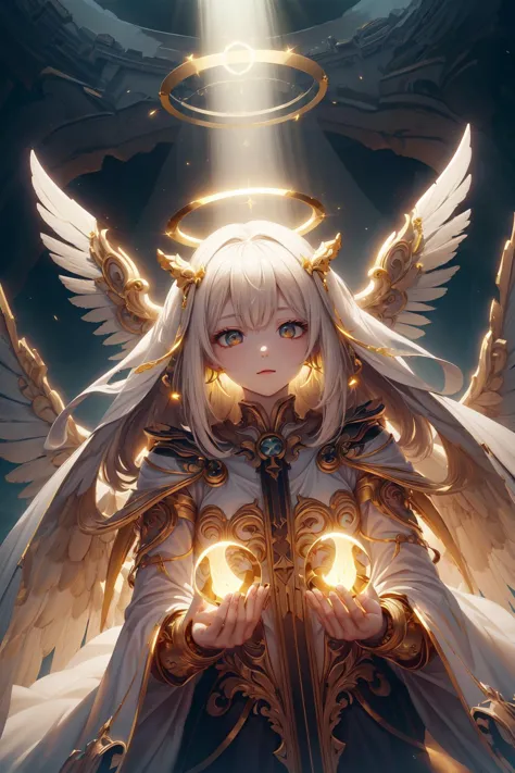 (masterpiece), best quality, high resolution, 1 girl, 1 halo,mythical priestess,giant goddess, big_glowing_wings, golden_energy,long white dress, aura, light_particles:1.5, (dark chamber:1.5), ((Enlightenment, bless,purification )), , random_eye_color ,<lora:IvoryGoldAIv2:0.6>  <lora:add_detail:0.6>  <lora:BlessedTech:0.6> (wide-angle lens,Panoramic:1.2) ,