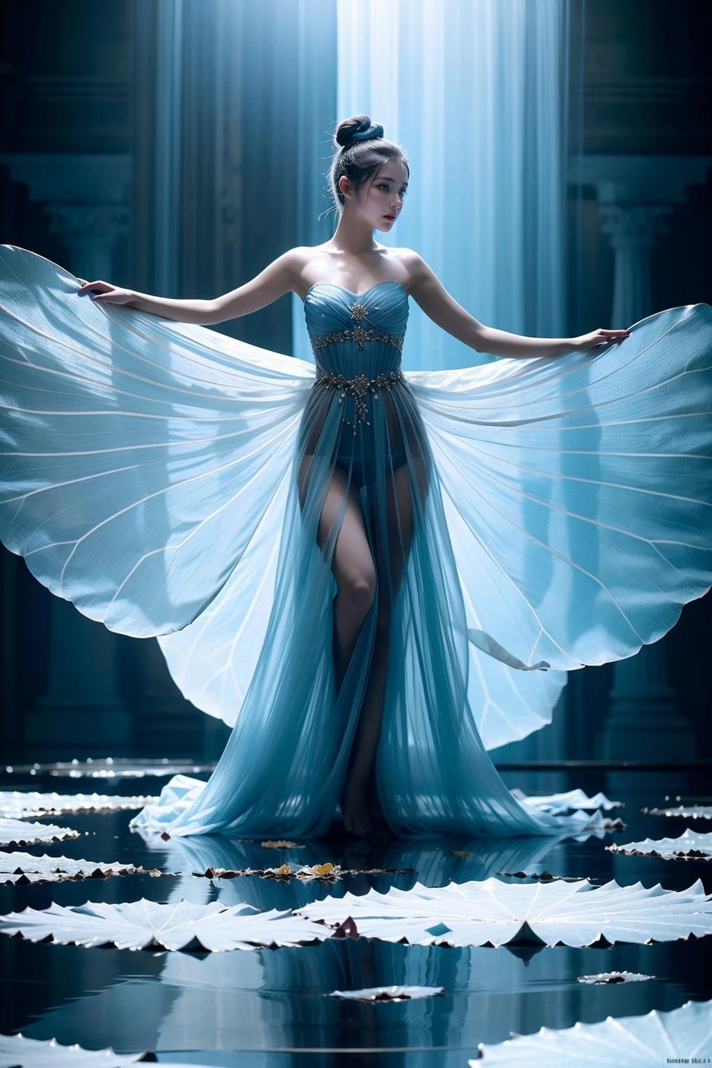 photorealistic,realistic,photography,masterpiece,best quality,ultra-detailed,1girl,water,butterfly,snow,blue theme,dress,