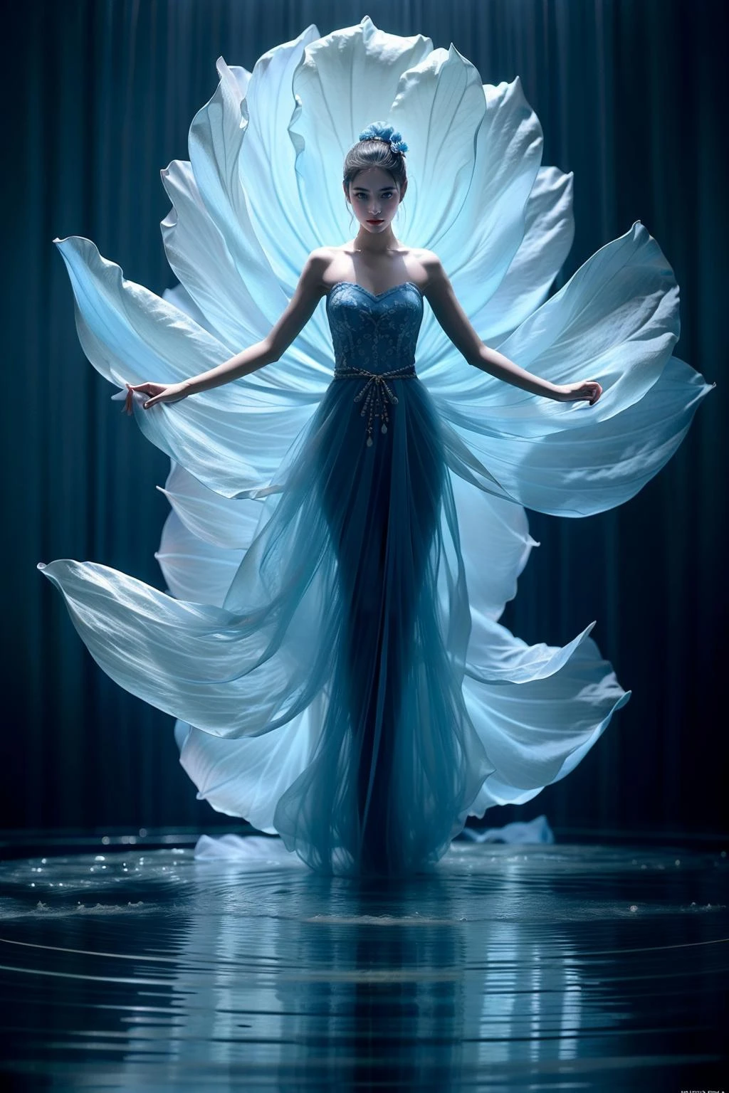 photorealistic,realistic,photography,masterpiece,best quality,ultra-detailed,1girl,water,flower,blue theme,dress,moon,