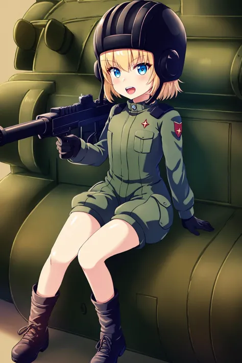 masterpiece, highest quality, best quality, 1girl, solo, looking at viewer, 
katyusha, black footwear, black gloves, black headwear, blonde hair, blue eyes, girls und panzer, gloves, green jumpsuit, gun, helmet, jumpsuit, military uniform,  short hair, short jumpsuit, tank helmet, uniform, lozhkin, accurate teeth with gaps, mouth open 