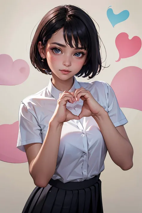 (masterpiece, best quality), 1girl, beautiful face,  <lora:heart-hands:1> heart hands, own hands together, short hair, white shi...