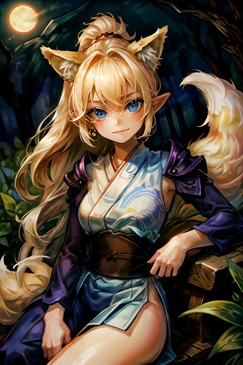 ((best quality)), ((masterpiece)), OdinSphereStyle, highres, absurdres, 1girl, (solo), (oriental outfit, ninja outfit:1.4), fox girl, (two fox ears), (fox tail:1.2), (kunoichi), (nice hands, detailed hands), blonde hair, long hair, (ponytail), parted bangs, (blue eyes, detailed eyes, glowing eyes), freckles, looking at viewer, upper body, sitting, mysterious, playful, night, moonlit forest, moonlight, forest landscape, falling leaves, falling petals, flowers, art nouveau <lora:drgcrown768:0.4> <lora:OdinSphereStylev2:0.5> <lora:MuchaV2-0.1-3-b31-bf16-D128-A1-1-ep64-768-DAdaptation-cosine:0.2> <lora:add_detail:1.2> <lora:EnvyCuteMix12:0.7>