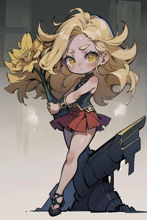 a cartoon picture of a woman holding a flower and a gun