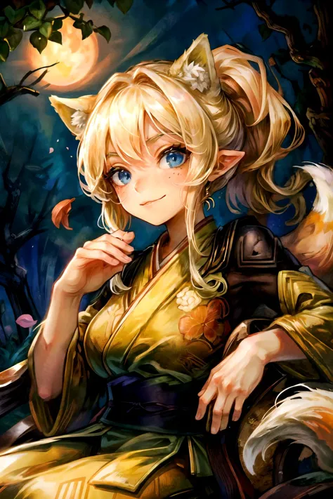 ((best quality)), ((masterpiece)), OdinSphereStyle, highres, absurdres, 1girl, (solo), (oriental outfit, ninja outfit:1.4), fox girl, (two fox ears), (fox tail:1.2), (kunoichi), (nice hands, detailed hands), blonde hair, long hair, (ponytail), parted bangs, (blue eyes, detailed eyes, glowing eyes), freckles, looking at viewer, upper body, sitting, mysterious, playful, night, moonlit forest, moonlight, forest landscape, falling leaves, falling petals, flowers, art nouveau <lora:drgcrown768:0.4> <lora:OdinSphereStylev2:0.5> <lora:MuchaV2-0.1-3-b31-bf16-D128-A1-1-ep64-768-DAdaptation-cosine:0.2> <lora:add_detail:1.2> <lora:EnvyCuteMix12:0.7>