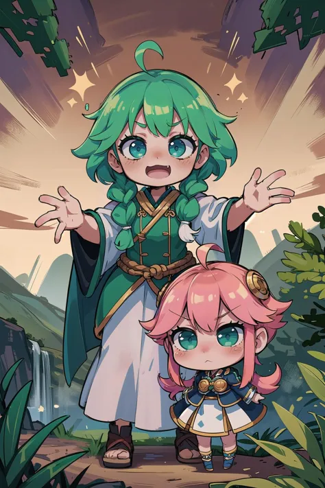 kawaii,adorable,chibi,cute, (masterpiece, best_quality, ultra-detailed, immaculate:1.3), epic, illustration, welcoming, 1girl, summoner, blue-green hair, Rope Braid, casting spell, in a subterranean, Norwegian swamp, at a  vinyard, bombshell hair, iridescent copper hair, Double Waterfall Braid,twintails, bent over<lyco:EnvyCuteMix12:1>