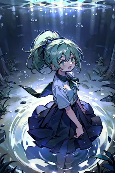 (masterpiece, best quality), 1girl, open mouth, ponytail, white shirt, green clothes, pleated skirt, looking up, forest, dark cl...