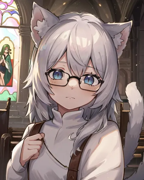 anime girl with glasses and a cat ears standing in front of a stained window