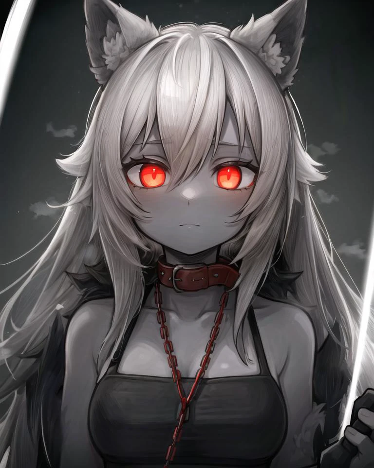 ((best quality)), ((highly detailed)), masterpiece, detailed face, beautiful face, (detailed eyes, deep eyes), (1girl), upper body, (hellhound), colored skin, charcoal black colored skin:1.33, wolf ears, black fur, grey hair, flame eyes, orange eyes, ((glowing eyes)), dog collar, chain leash, chains, shackles, monster girl, (at a gym), 