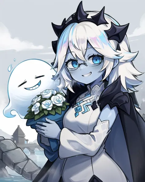 ((best quality)), ((highly detailed)), masterpiece, detailed face, beautiful face, (detailed eyes, deep eyes), (1girl), (glasses), upper body, ((ghost-girl)), ((undead)), ((powder_blue colored skin:1.3)), ((white colored hair:1.3)), (eye bags), (monstergirl), flowing ((white funeral gown:1.3, veil, stockings, bouquet)), wide hips, ((crazy grin)), ((mausoleum)), fog, (on a stone bridge), <lora:EnvyCuteMix12:1>