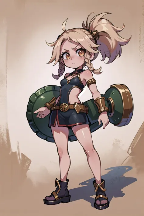 chibi,cute,kawaii,adorable, (masterpiece, best_quality, ultra-detailed, immaculate:1.3), epic, illustration, rough digital painting, (full body:1.2), 1girl, solo, [:fantastical costume design,:0.2] pirate, sunset (rusted gold pauldrons,chestplate,shield,bracers:1), (african, dark skin:0.6), bombshell iridescent copper hair, Double Dutch Braids,half updo, (athletic:1) build, simple background, jrpg character concept art, in the  Rocky Mountains, bombshell hair, beige hair, side ponytail,Viking Braids, crawling<lyco:EnvyCuteMix12:1>