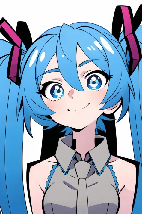 1girl,   multicolored hair , blue eyes,smile, upper body, closeup , looking at viewer, 
<lora:ThePinkPirate-22:1>, flat color, wide-eyed,    hair ornament,  blue hair, hatsune miku, twintails,  symbol-shaped pupils,
