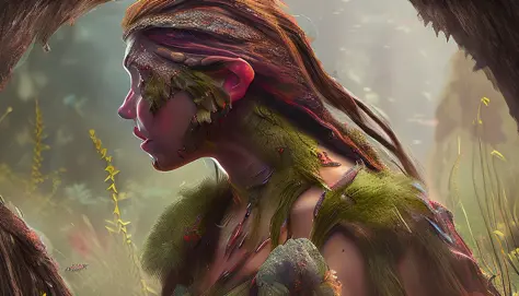 splash art, close-up portrait of a stunning jurassicpunk (cavemen girl|neanderthal woman) gathering berries, rusty dirty hair, d...