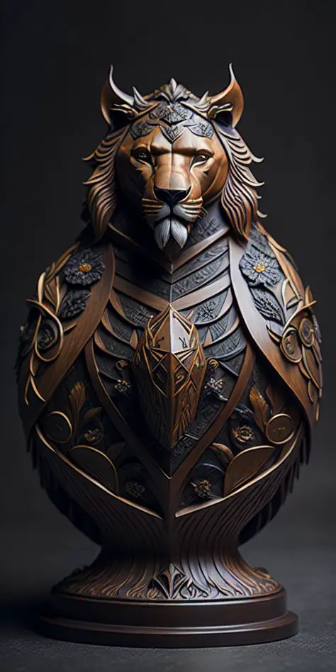 a wooden statue, heraldic by joe fenton with lion head and floral elements , masterpiece, amazing depth of field, 8k resolution