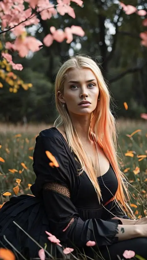 . A beautiful woman sitting on a meadow, nacked, pink grasses, wearing black gown, cleavage visible, trees, orange leaves, wind, hair and grass flowing, symmetrical face, freckles,