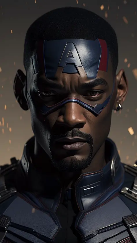 . Tarantino style Will Smith as Captain America 8k, high definition, detailed face, detailed face, detailed eyes, detailed suit, in style of marvel and dc, hyper-realistic, + cinematic shot + dynamic composition, incredibly detailed, sharpen, details + superb details + evening with light + perfectionism + award winning realism ((moody lighting))