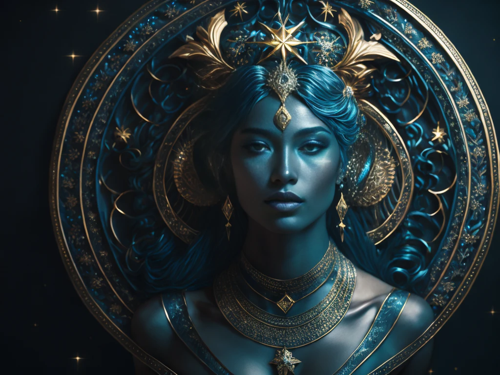 the zodiac sign vi with a woman's face surrounded by stars, beautiful detailed intricate, fantasy art style, seven stars in right hand, cyan and gold scheme, sculpture of persephone, avatar image, dark vignette, venus, louis xiv, full profile, centered elven, beautifully designed character,(8k, RAW photo, best quality, masterpiece:1.2), ulra high res, photorealistic:1.4),Cinematic Light,(soft volumetric lighting:1.2), (realistic, photo-realistic:1.37), detailed skin,professional lighting,Photography, Sharp focus, detailed ,professional lighting, photon mapping, detailed and intricate environment,highly detailed,best quality,8k artistic photography, photorealistic concept art, soft natural volumetric cinematic perfect light,MIDJOURNEY,3DMDT