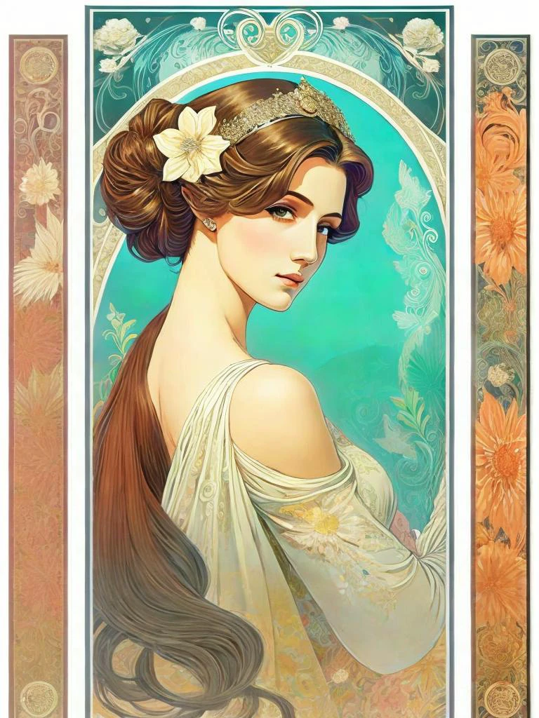 uma série de três pôsteres retratando uma mulher com cabelos longos e uma flor no cabelo, de Alphonse Mucha