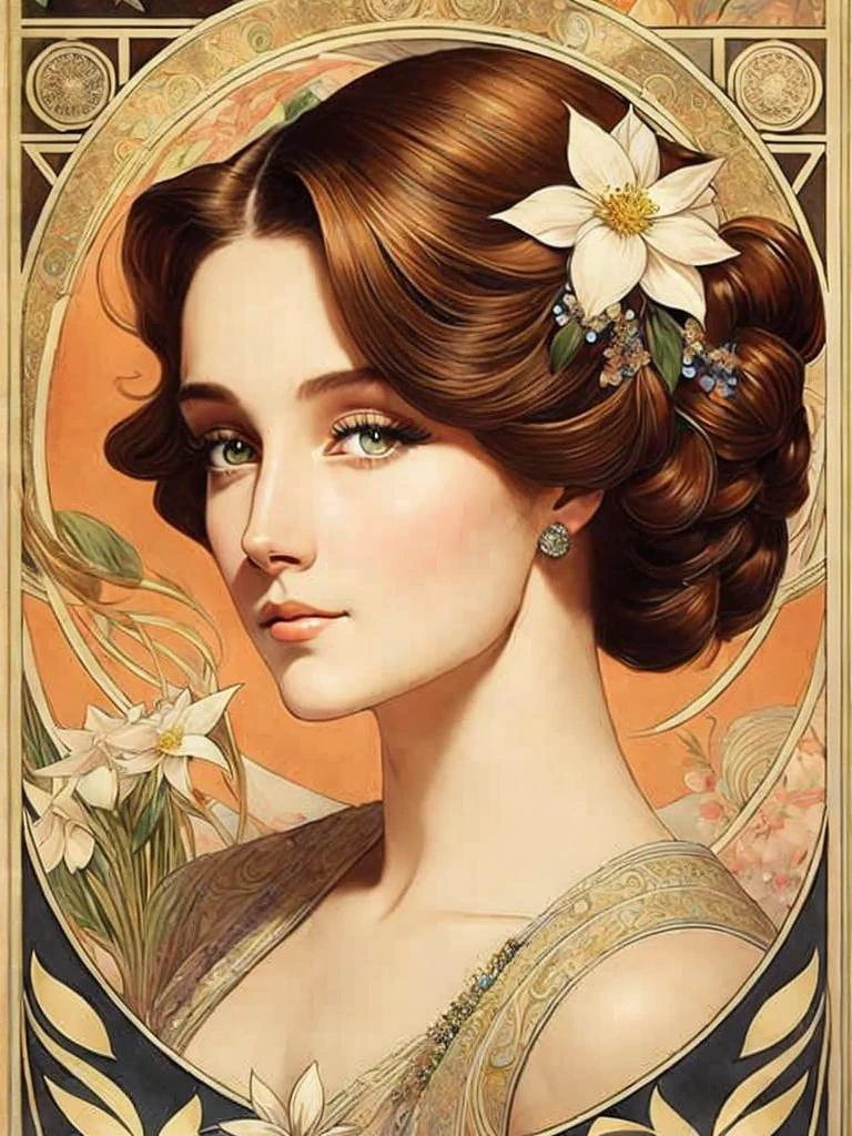 긴 머리와 머리에 꽃을 꽂은 여성이 알폰스 무하의 포스터에 등장합니다.