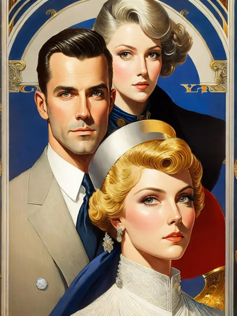 <lora:J.C.Leyendecker:1>a painting of a man and a woman looking at the camera with a serious look on their face by J.C. Leyendecker